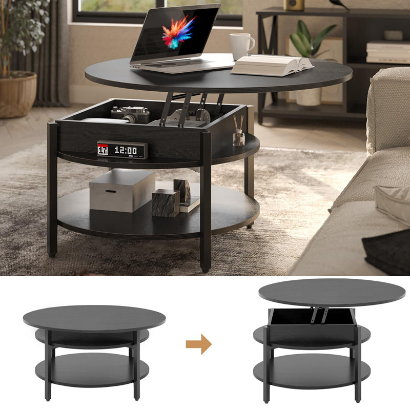 Black Round Wood Lift-Top Coffee Table with Storage