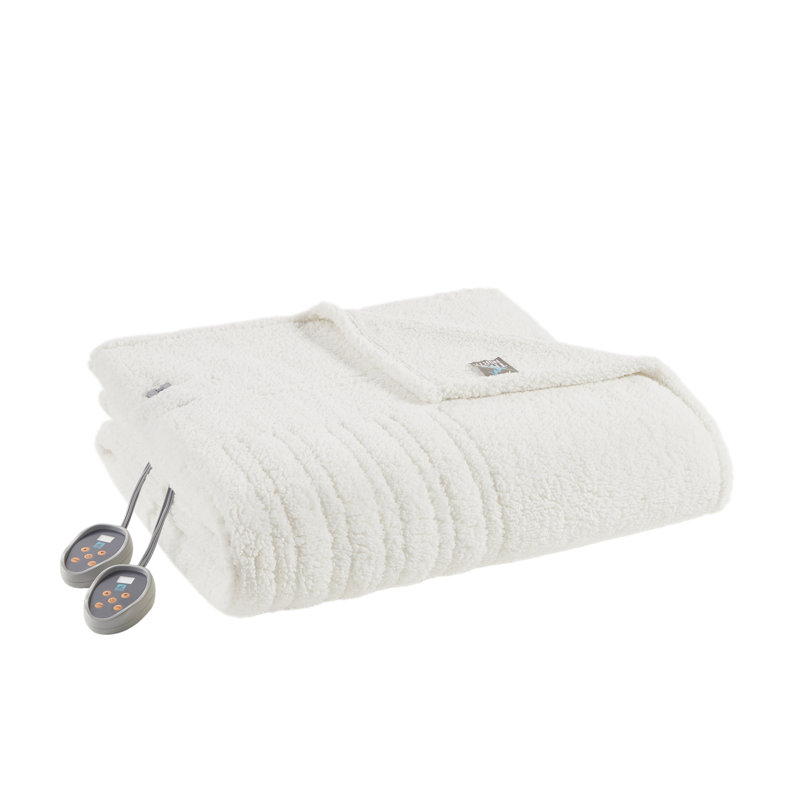 Couverture chauffante en sherpa, Lit double, Ivoire