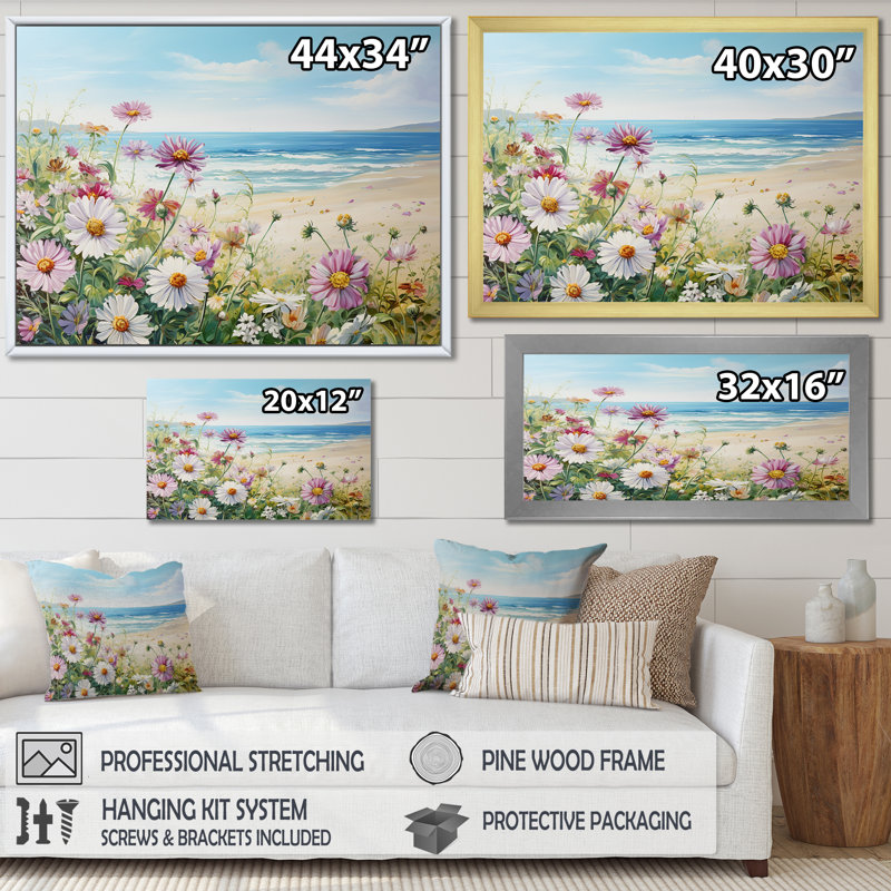 Zinnias sur la plage sur toile, Cadre flottant blanc, H 12 po x l 20 po x P 1 po