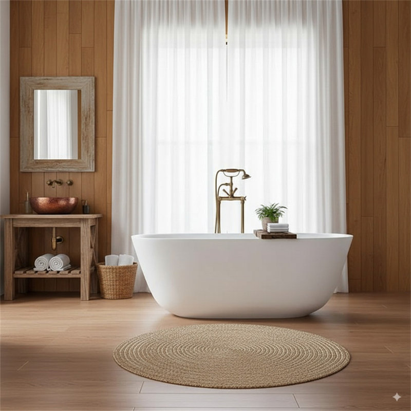 67″Solid Surface Matte Tub, Solid Surface Soaking Tub, Stone Resin Freestanding Bathtub, Thick Edge Stand Alone Tubs With Overflow, Pop-Up Drain, Matte White (Oval)