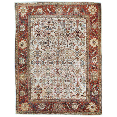 Tapis rouge / crème en laine noué à la main de conception unique 8 pi 8 po x 12 pi 3 po Mahal avant 1900