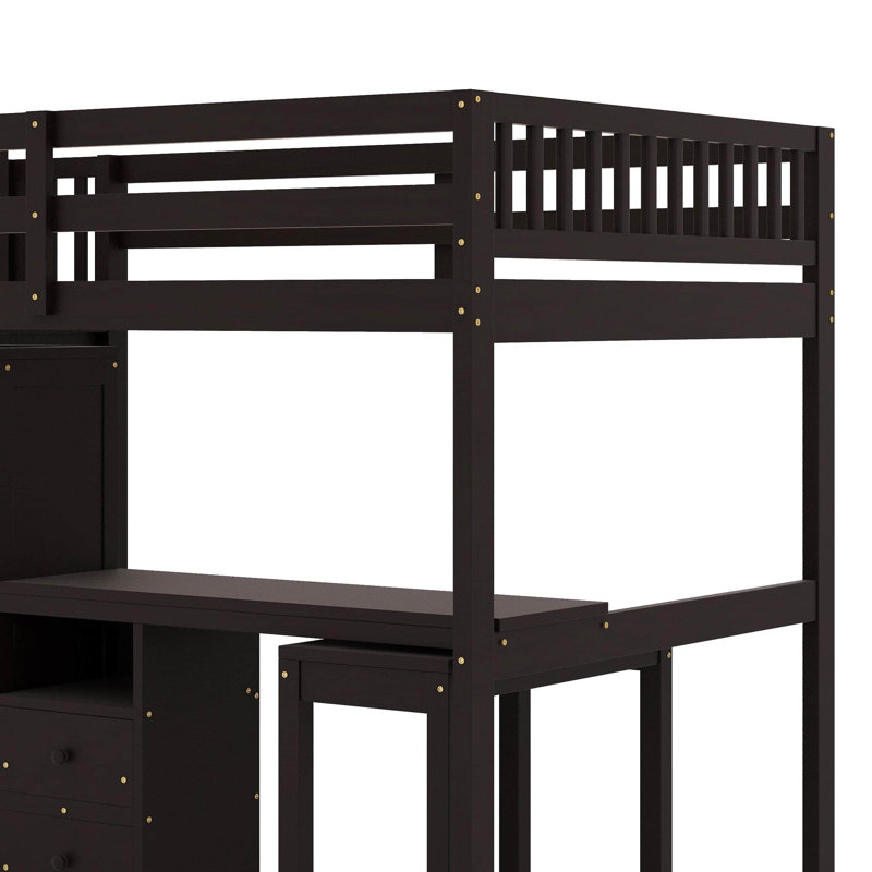 Lit mezzanine double avec escalier, bibliothèque, tiroirs, bureau et garde-robe - Mobilier multifonctionnel peu encombrant pour enfants et adolescents