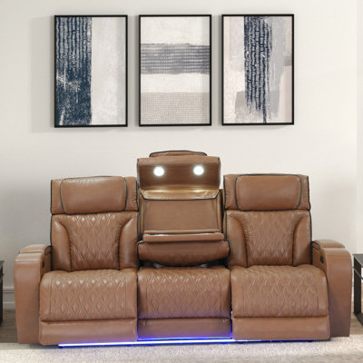 Jazz 86" Light Brown Leather Aire Transformer Power Reclining Sofa With Power Headrest, LED Lights, Wireless Charging Drop-Down Table, USB & USB-C Ports, Storage & Cupholders