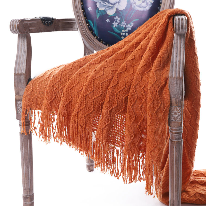 Burnt Orange Knitted Cotton Wool Throw Blanket with Tassels, 50"x60"