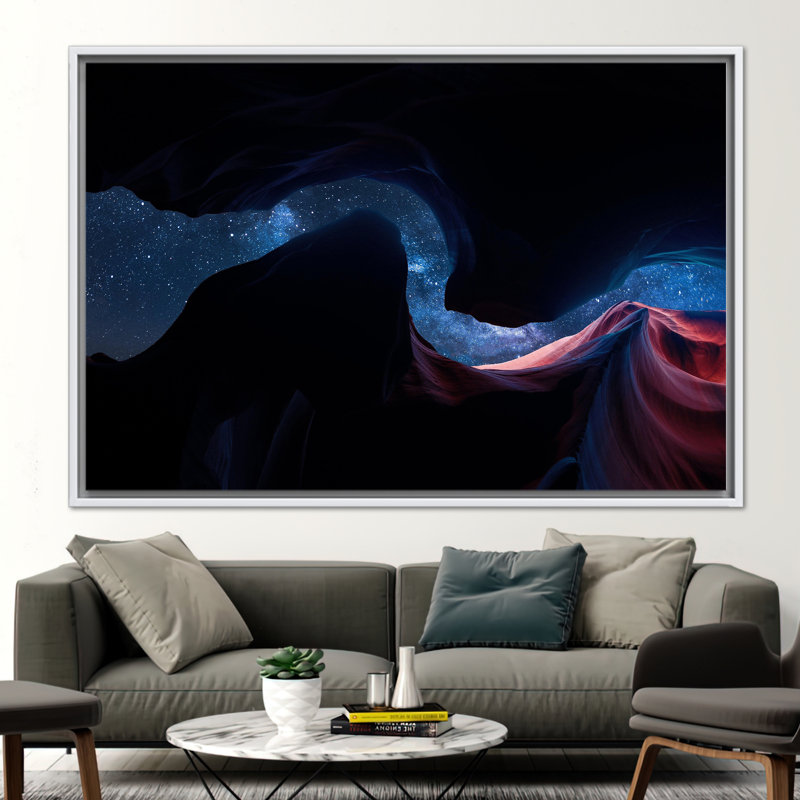 «Starry Night Over Canyon Landscape: Vibrant Galaxy Space», reproduction d'art sur toile, Blanc, H 45 po x l 81 po