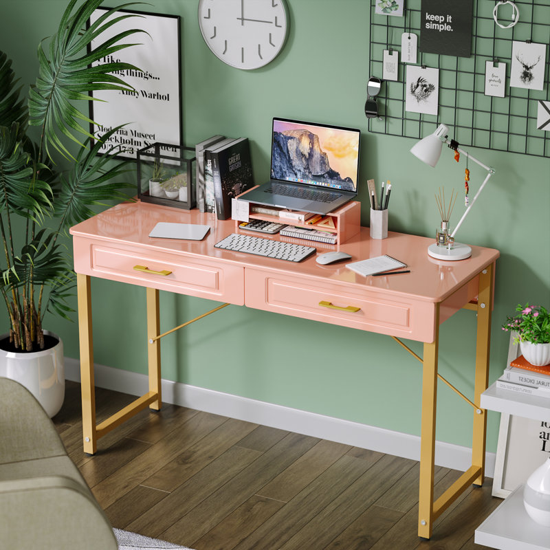 Darl Writing Desk with Wooden Drawers, Pink, 29.13" H x 47.24" W x 15.75" D