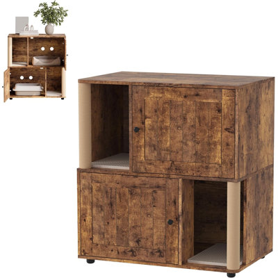 Cat Litter Box Furniture, Cat Litter Cabinet w/ Double Enclosed wastebox Enclosure, Wooden Cats Box Furniture w/Scratching Post & Dual Mats
