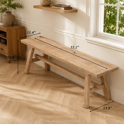 This solid wood  bench measures 55 inches, featuring rustic farmhouse styling with built-in storage, designed exclusively for indoor spaces in natural