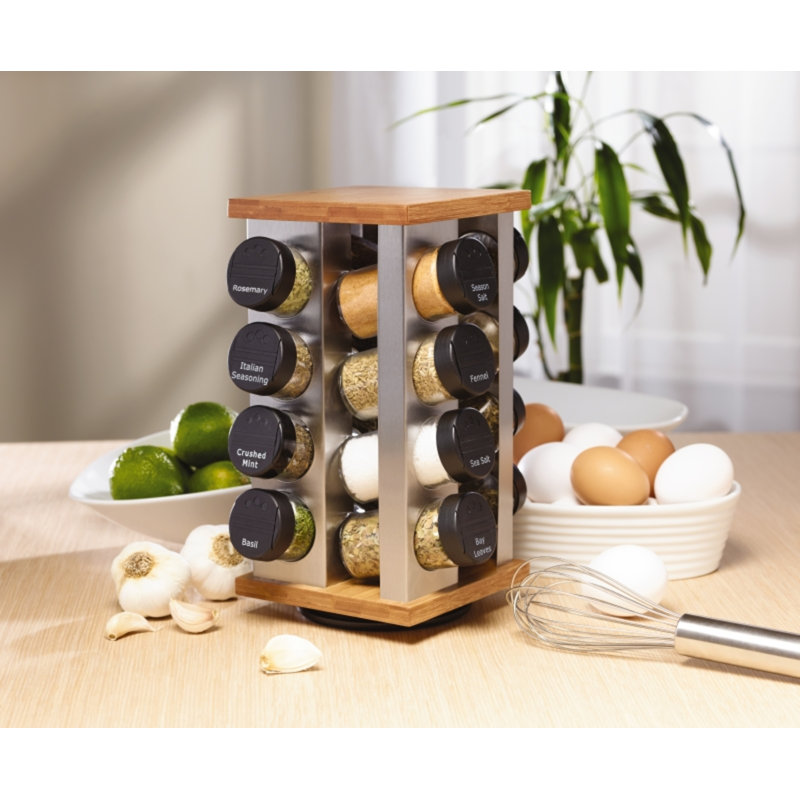 Bamboo and Stainless Steel Revolving Countertop Spice Rack with 16 Jars