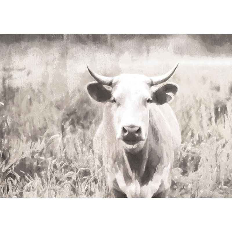 Grayscale Cow - Painting Print, 20 cm H x 30 cm W, Black Floater Framed