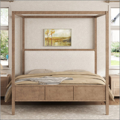 Grand lit plateforme à baldaquin en bois avec tête de lit tapissier, sans sommier, finition noyer naturel