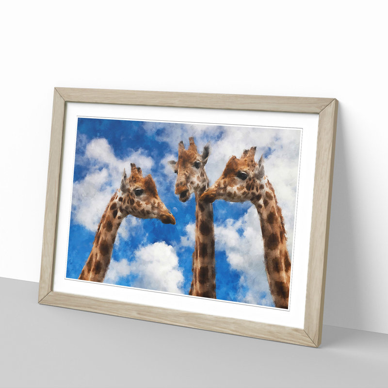 Three Giraffes - Single Picture Frame Painting on MDF, 24cm H x 33cm W x 2cm D, Oak