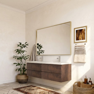  Meuble-lavabo mural double 60 po avec comptoir en résine blanc brillant pour salle de bain moderne (sans robinet)