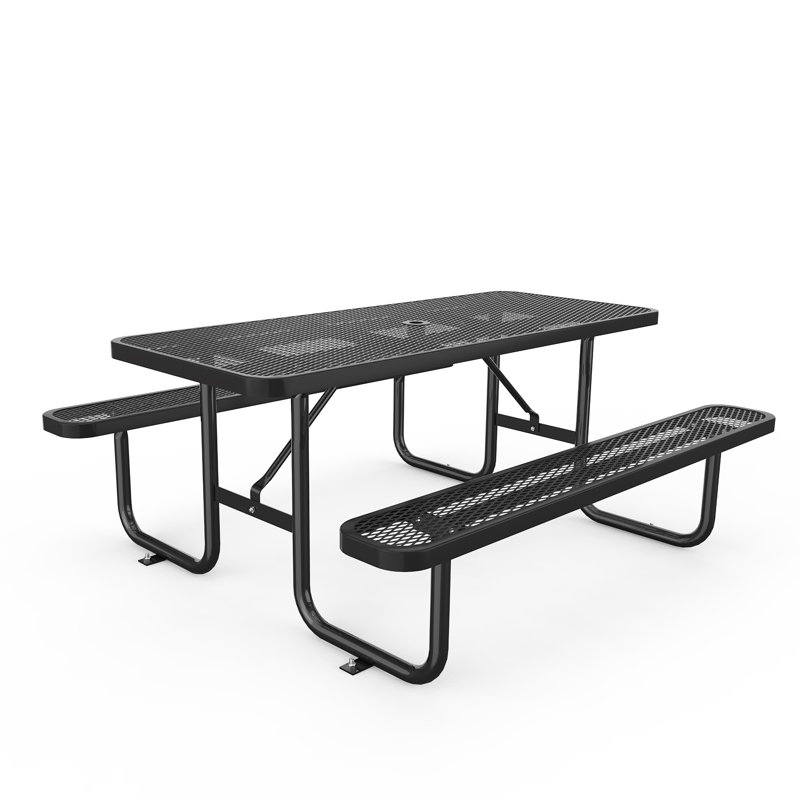 72" W Rectangular Metal Outdoor Picnic Table with Umbrella Hole, 30" H x 72" W x 30" D, Black