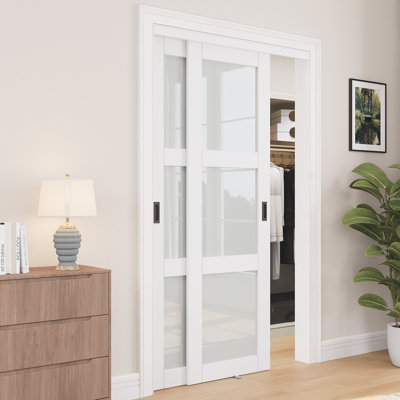 Porte coulissante en verre trempé givré 3-Lite 80 po H 3 po avec quincaillerie