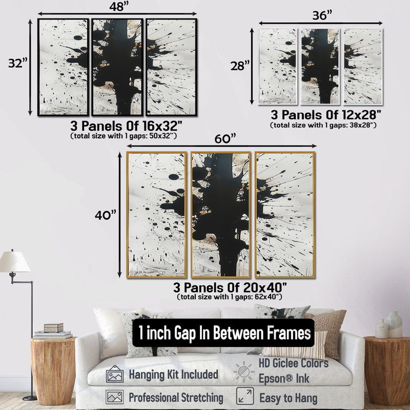 Apparition noir blanc minimalisme - ensemble de décorations murales abstraites à encre liquide, H 28 po x l 36 po x P 1 po
