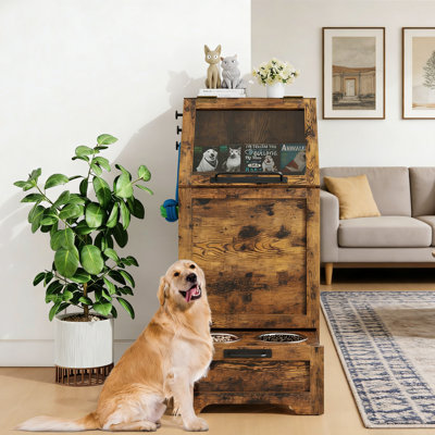 Dog Feeding Station with Flip Top, 2 Stainless Steel Bowls & Storage Cabinet for Pets