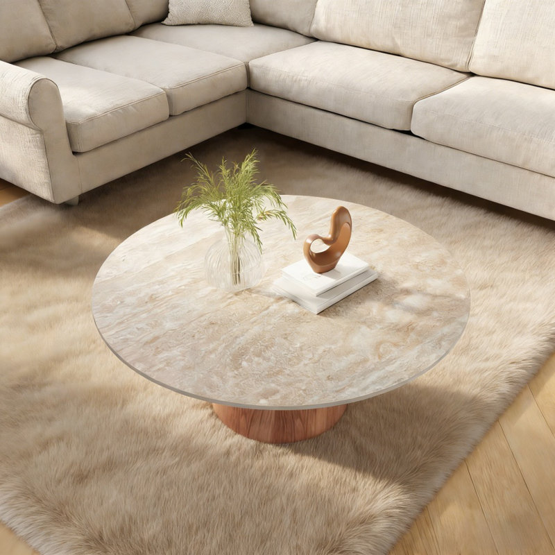 Modern Round Wooden Pedestal Coffee Table With Matte Natural Stone Tabletop, 17.44"H x 35.43"L x 35"W