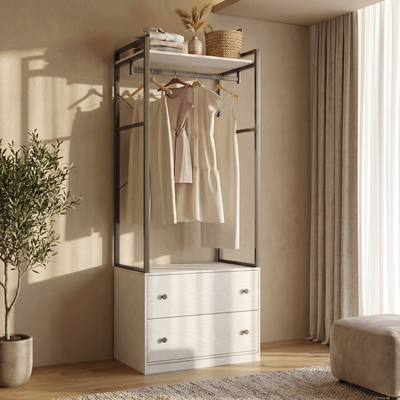 Portant à vêtements 2 tiroirs l 32 po avec plateau en bois et structure en acier