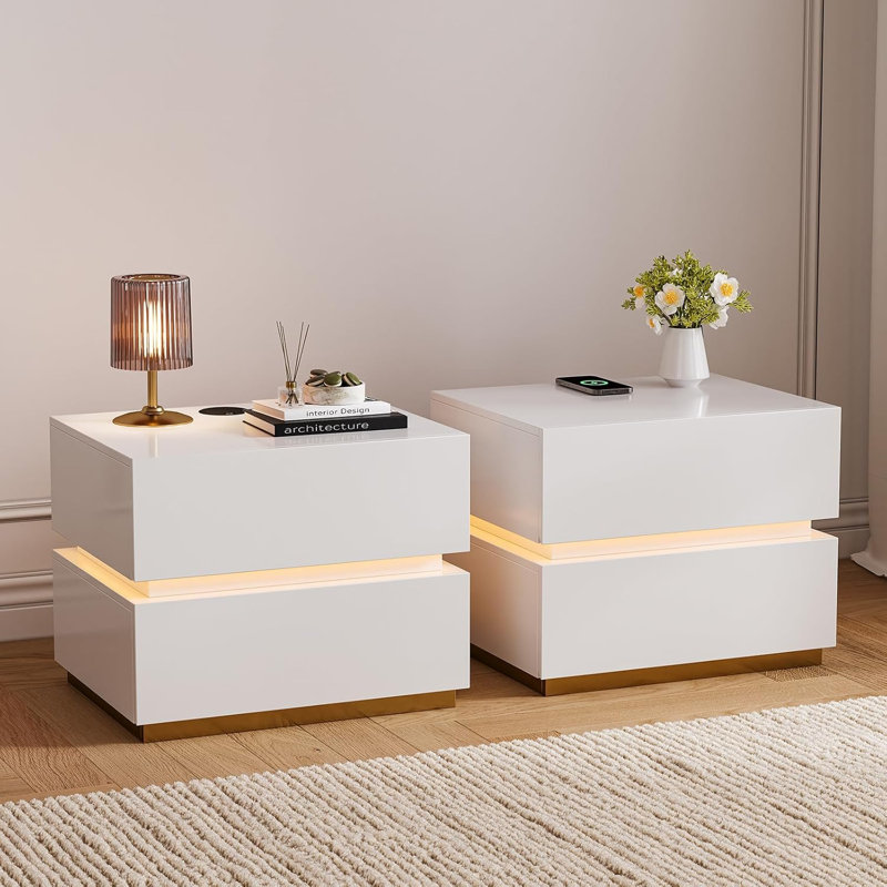 2-Drawer White Nightstand With Led Light And Built-In Charging Station, Modern Bedside Table Set Of 2