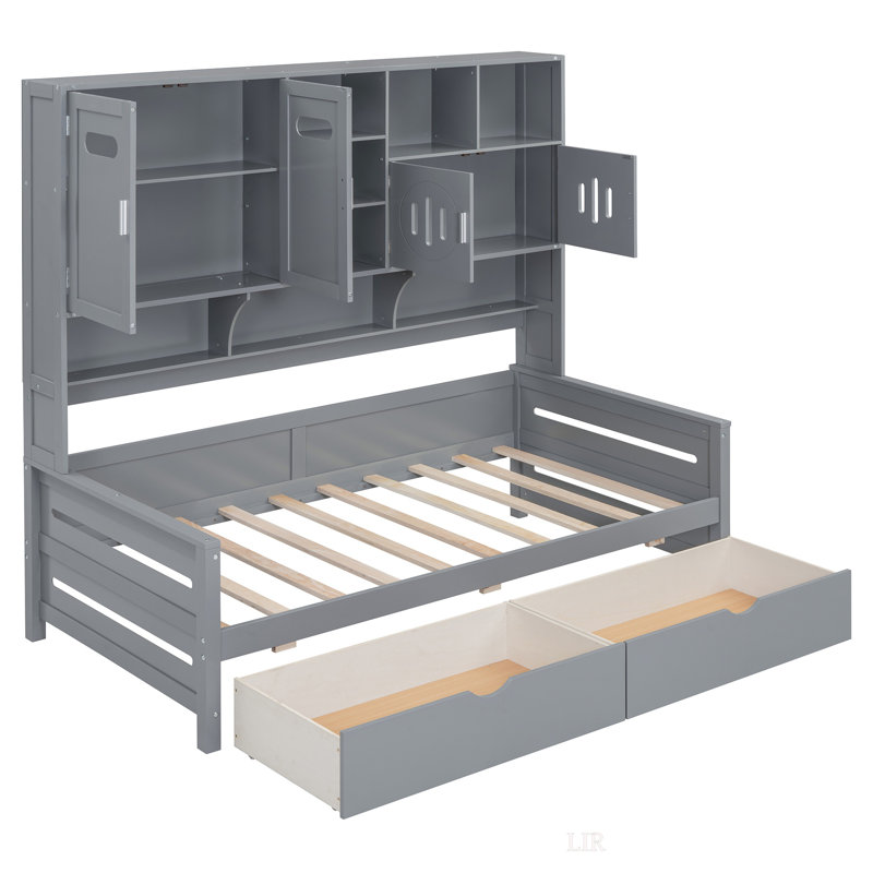 Twin Size Wooden Daybed With 2 Drawers, And All-In-One Cabinet And Shelf, Gray, Twin