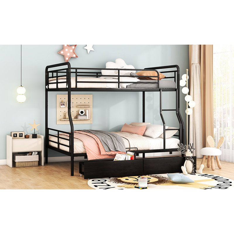 Lit superposé double au-dessus de grand lit double, noir. Structure en fer assurant. Gain de place pour. Option d'assemblage facile