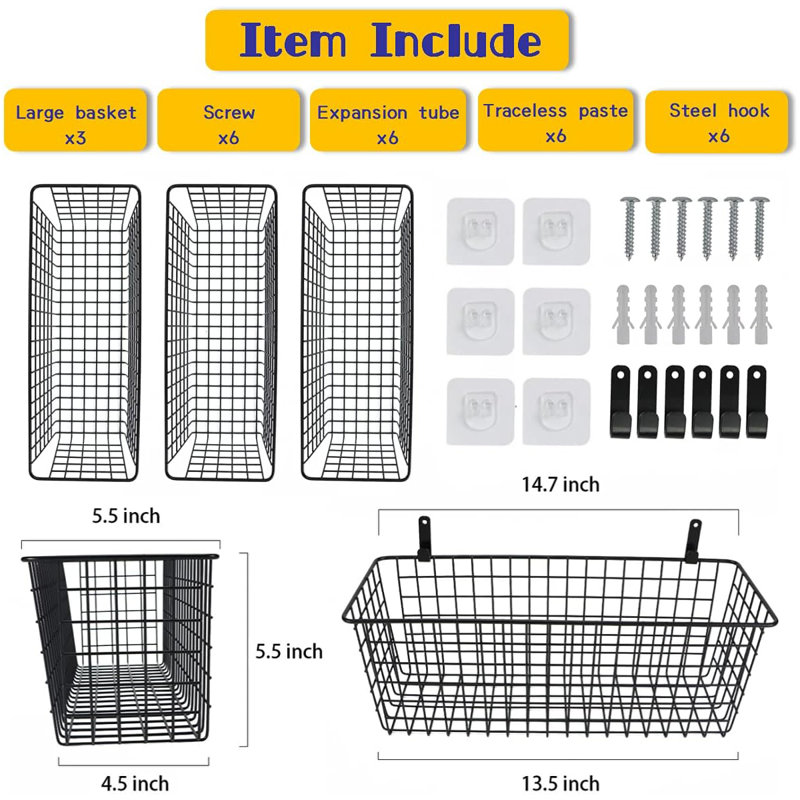 3 Set [Extra Large]Hanging Wall Wire Baskets, 5.50’ W x 14.70’ H x 5.50’ D