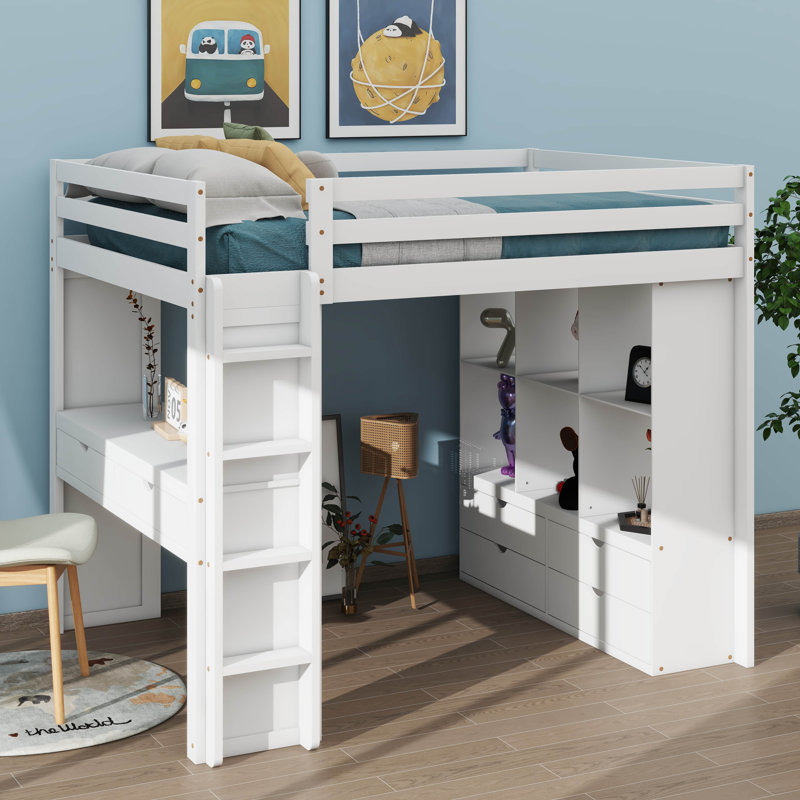 Lit mezzanine avec grandes tablettes Jonavan, Double, Blanc