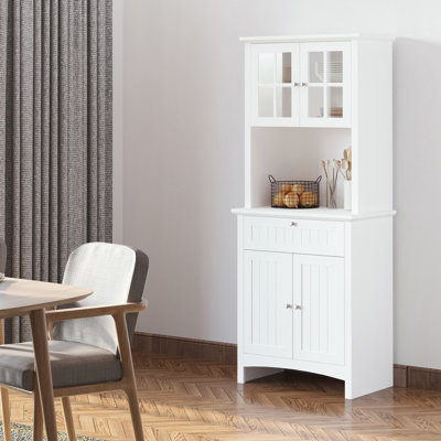 White Kitchen Pantry Cabinet - Multi-Functional, Microwave Compartment, Organized With Multi-Functional Storage, Slot,