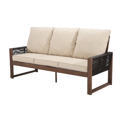 Woven Armrest Wooden 3-Person Sofa With Removable Washable Cushions(Red & Beige )