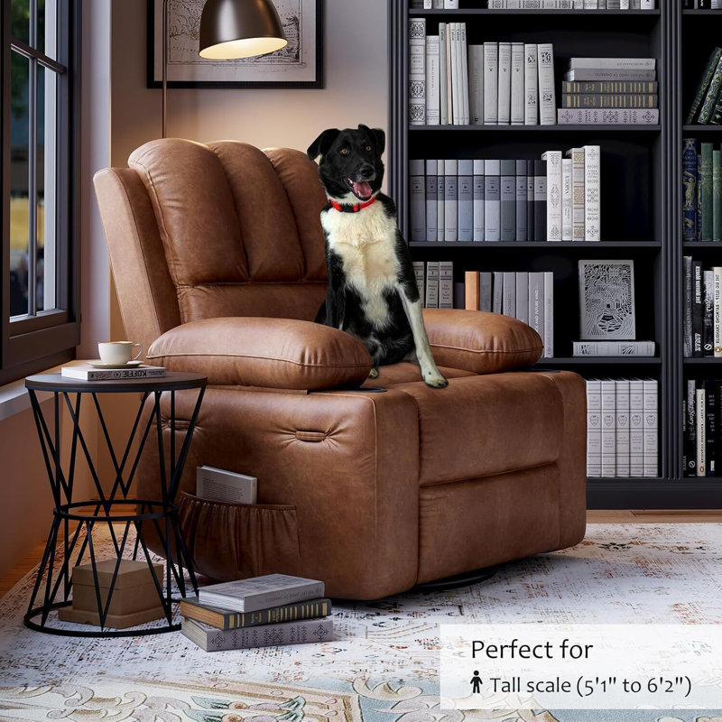Oversized Manual Recliner with 2 Cup Holders and Side Pocket, Vintage Leather
