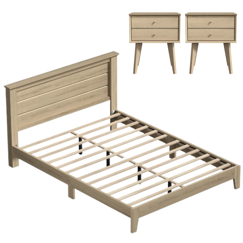 Branquinha Midcentury Coordinated 3 Piece Bedroom Set, Oslo Oak, 3 Pcs: Bed, 2 Nightstands, King