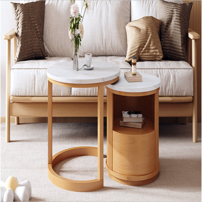 Table basse ronde gigogne avec plateau en marbre blanc, rangement à 2 niveaux et 1 tiroir