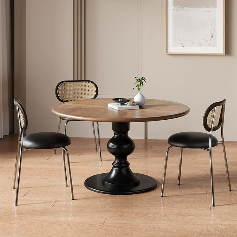 Walnut&Black Round Solid Wood Dining table, 29.53"H x 43.31"L x 43.31"W