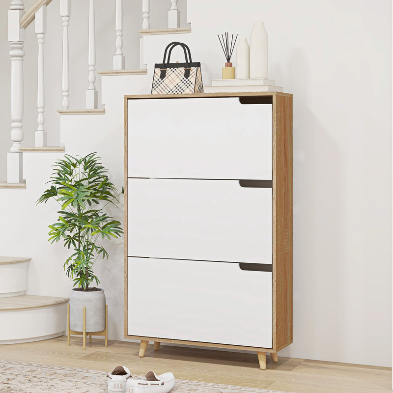Armoire à chaussures étroite avec 3 portes rabattables et tablettes réglables, Blanc