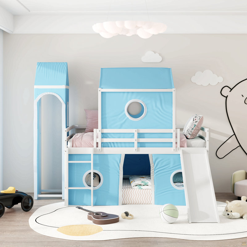 Twin Size Loft  Bed with Slide Pink Tent and Tower, Blue