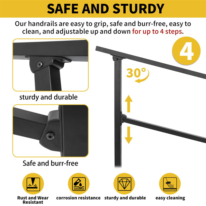 Wrought Iron Handrail, Step Handrails For Outdoor Steps Fit 3 To 4 Steps, Adjustable Porch Railing Transitional Rail With Installation Kit For Concrete Steps Or Wooden Stairs (Black)