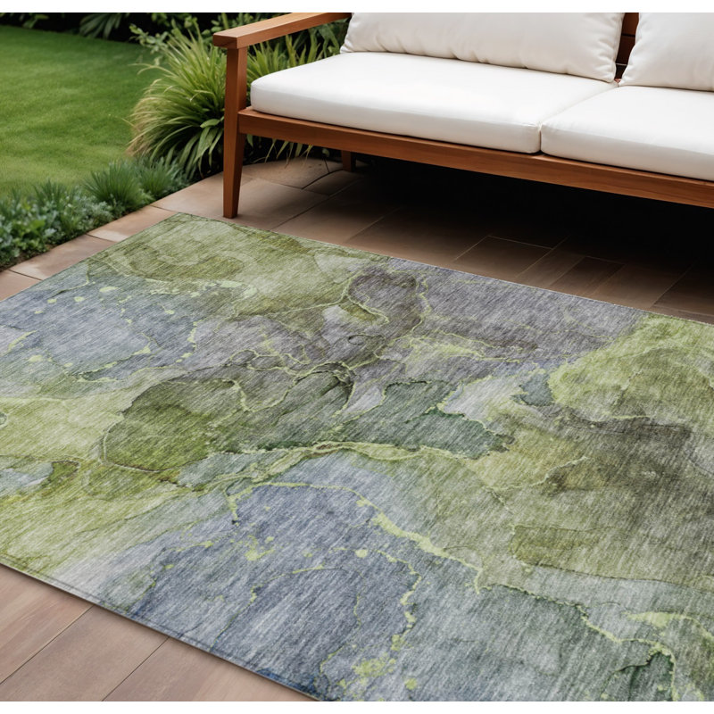 Tapis extérieur lavable abstrait vert olive et gris 9 'X 12'