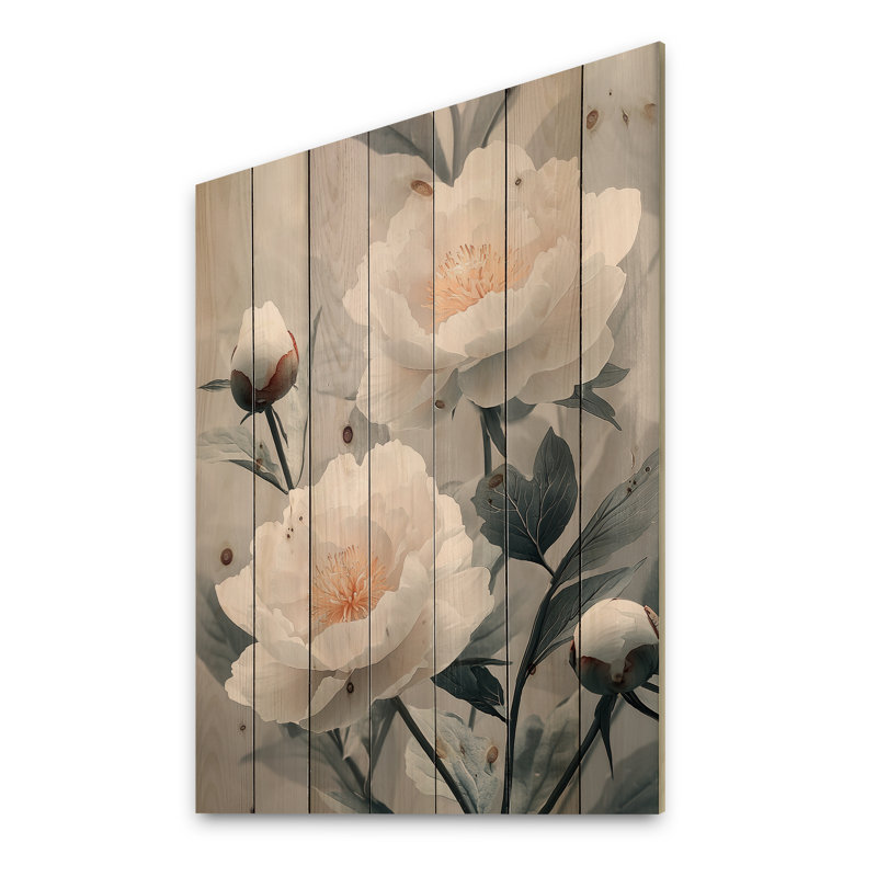 Monochrome Soft Focus Peonies III - Peonies Wood Wall Art - On Natural Pine Wood, 44" H x 34" W x 0.78" D