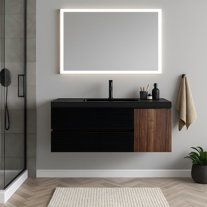 Meuble-lavabo mural 48 po en noyer et noir mat avec tiroirs à fermeture en douceur, lavabo à quartz intégré et poignée dissimulée - pré-assemblé
