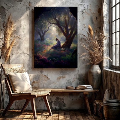 Religious Forest Prayer Scene Print Sunlight Trees Spiritual Decor Canvas Wall Art Print, Decorative Home Accent, Living Room, Bedroom and Office Decor, Gallery Wall Artwork