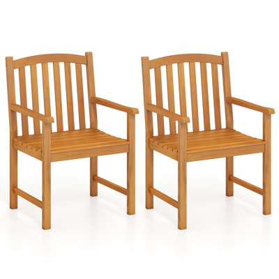 Gymax 2PCS Outdoor Dining Chairs Acacia Wood Slatted Patio Chairs w/ Inclined Backrest
