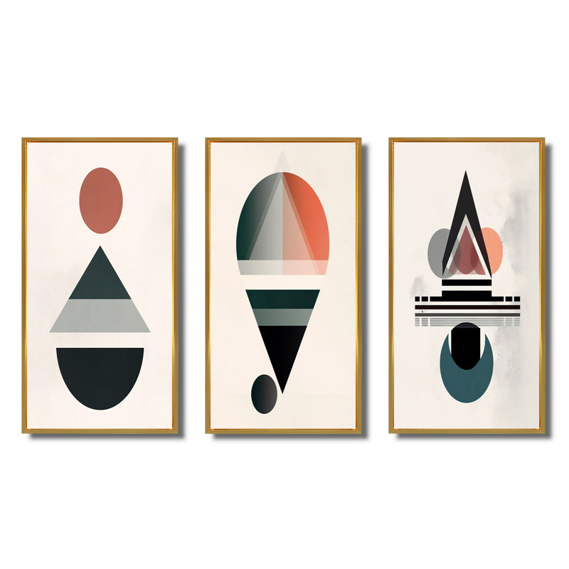 Visionary Retro Moon Geometric Minimalism VI - Transitional Art Set Of 3 Pieces, Encadrement doré, H 32 po x l 48 po