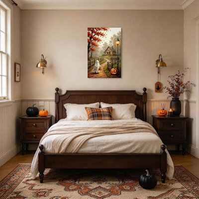 Halloween Wall Art Cute Ghost & Pumpkin Cottage Canvas Print