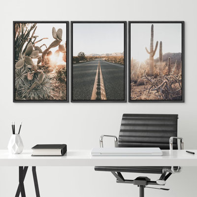 «Cactus Desert», «Road Through The Joshua Tree Landscape», grande impression sur toile 3 pièces
