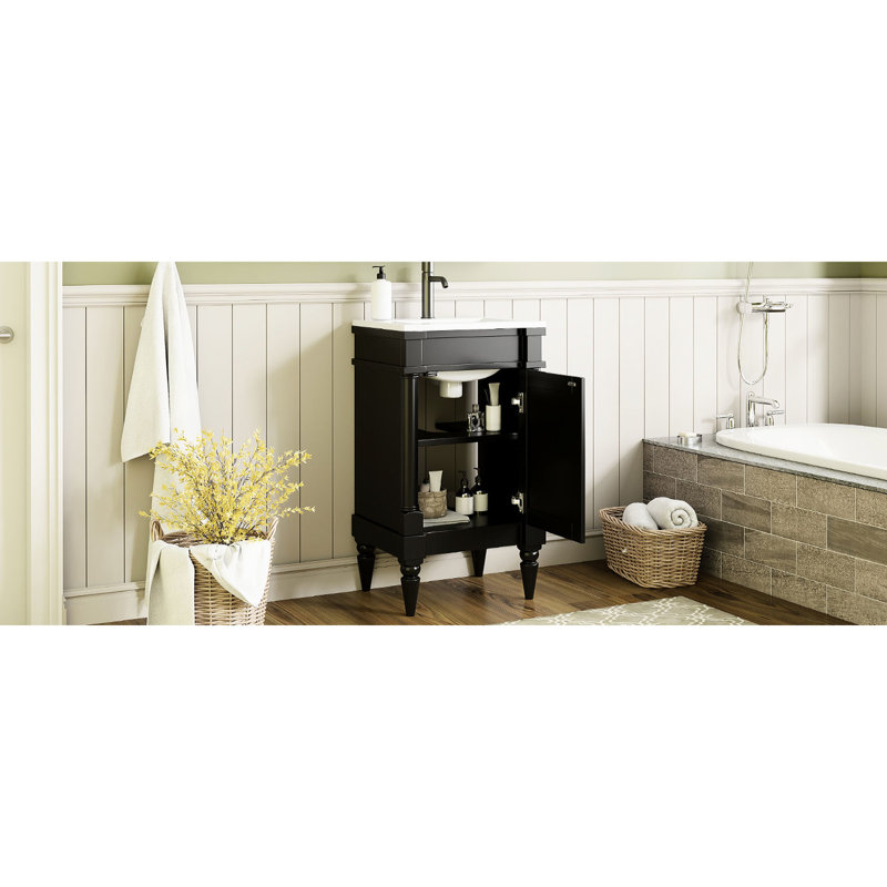 Meuble-lavabo de salle de bain moderne - noir, rétro, compact, assemblé, lavabo en céramique avec trou de déversement, armoire 18 po, design rétro noir, construction, rangement spacieux, pour les petites salles de bain