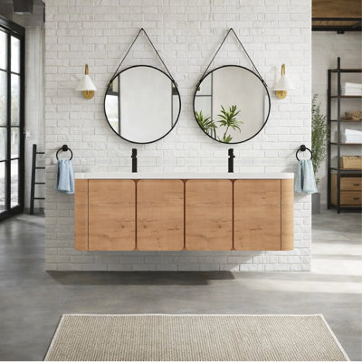 Meuble-lavabo mural moderne en bois naturel 60 po style Mid-Century