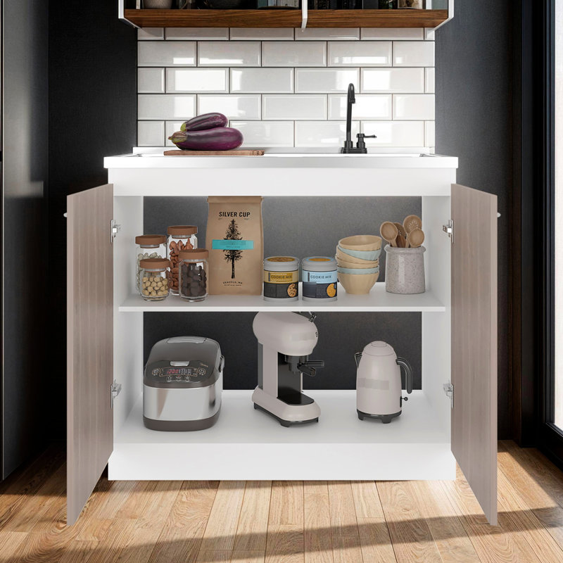 Armoire de cuisine moderne, blanche et grise, 2 portes, 3 tablettes, finition, hauteur de 35,4 pouces pour les petits appareils de rangement gris, - conception de tablette de porte, largeur 39,4 po