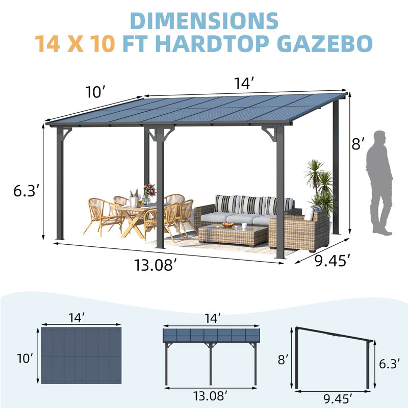 Pergola en aluminium avec auvent, Noir, 14 pi x 10 pi