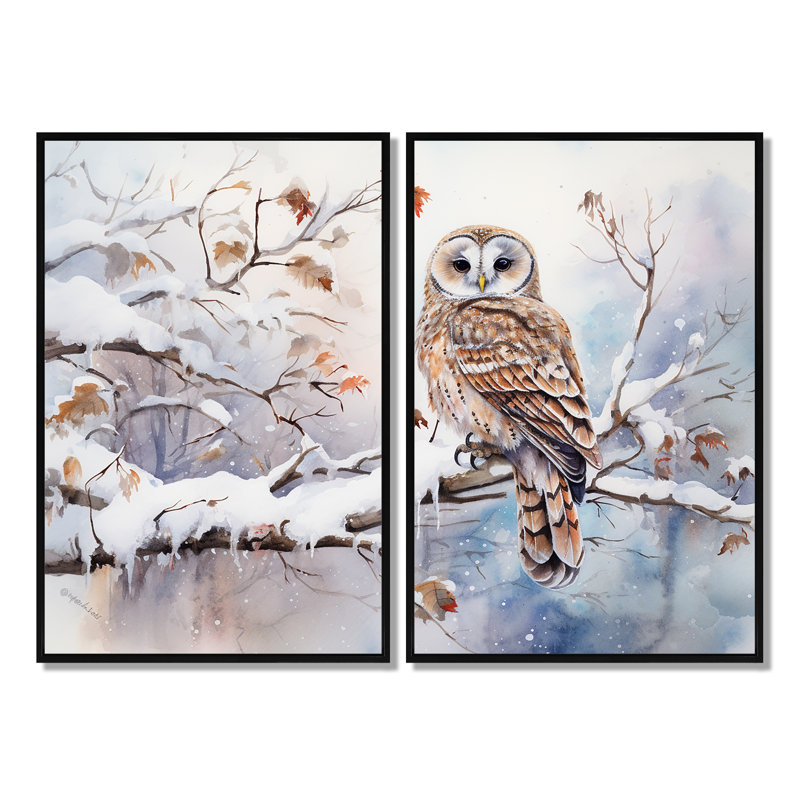 Décoration de paysage hivernal hibou enneigé - blanc, H 36 po x l 48 po, Reproduction encadrée sans passe-partout, Noir